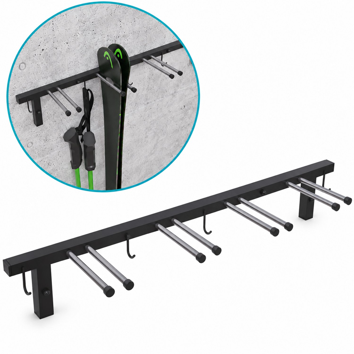 QLS S3 Skiwandhouder Voor 4 paar ski’s Met aparte haken voor skistokken 83 cm Zwart