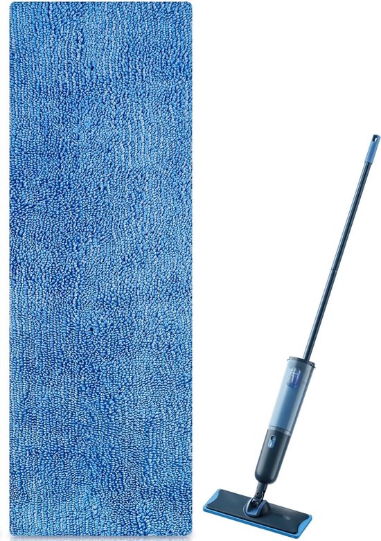 Blauwe rechthoekige microvezel dweilpad naast een blauwe steelmop met waterreservoir.