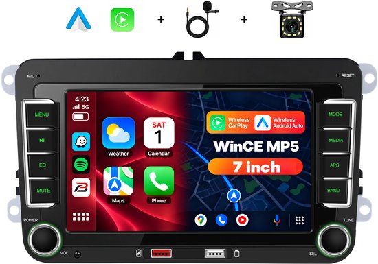Boscer Draadloos Apple CarPlay Autoradio met Bluetooth - 7 Inch Scherm - Geschikt voor VW Golf, Polo, Passat / Seat Leon, Altea / Skoda Fabia, Yeti - Android Auto - Achteruitrijcamera & Microfoon