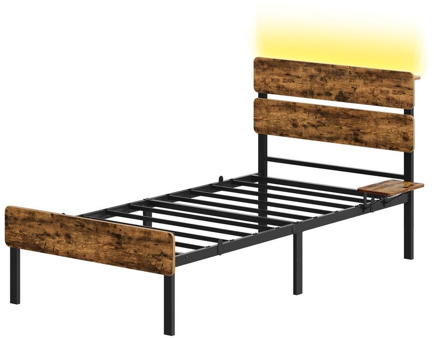Eenpersoonsbed met LED-verlichting en USB-A/USB-C - Hoofdbord met opbergruimte - 90 x 200 cm - Vintagebruin/zwart