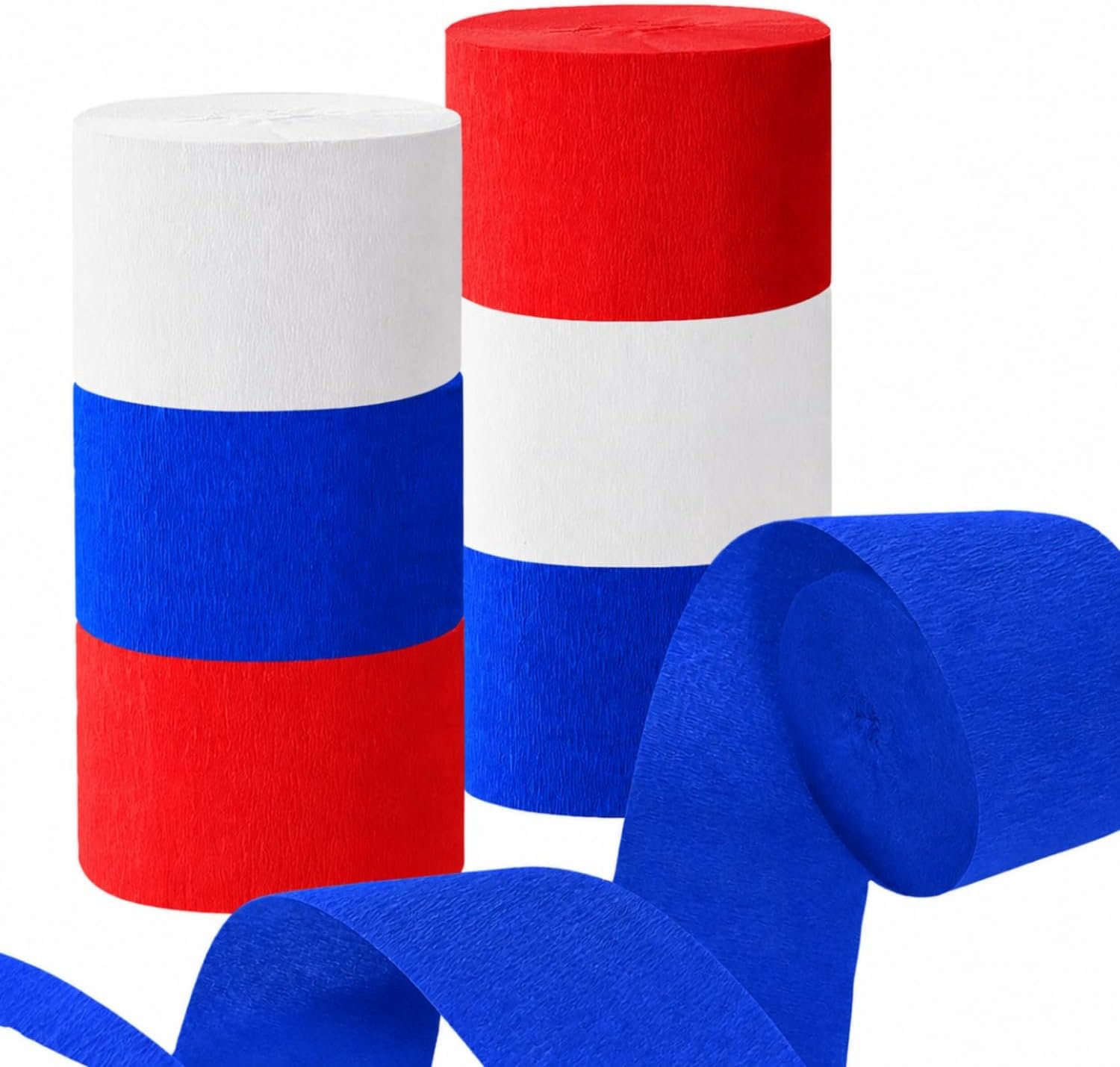 6 Rollen crepepapier rood wit en blauw, 4,5 cm x 25 m