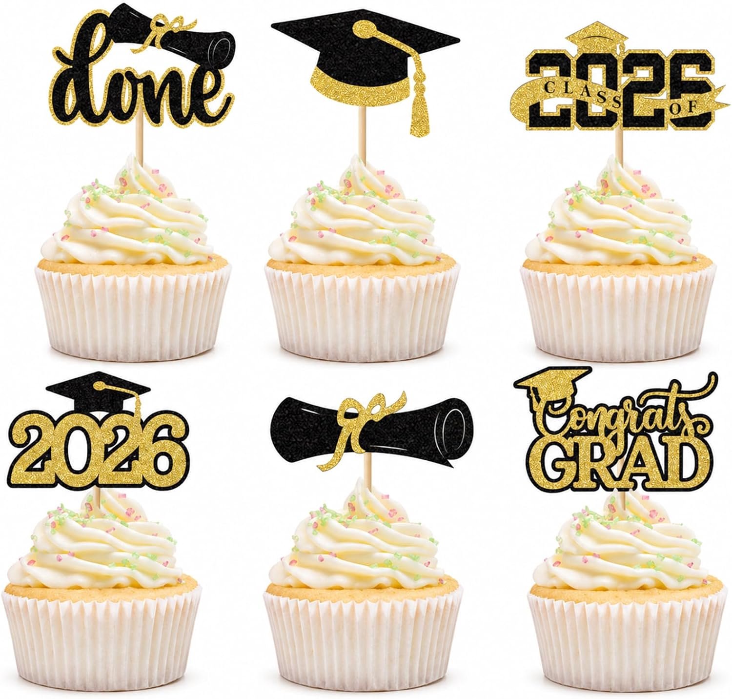 24 Cupcaketoppers voor afstuderen, zwart goud