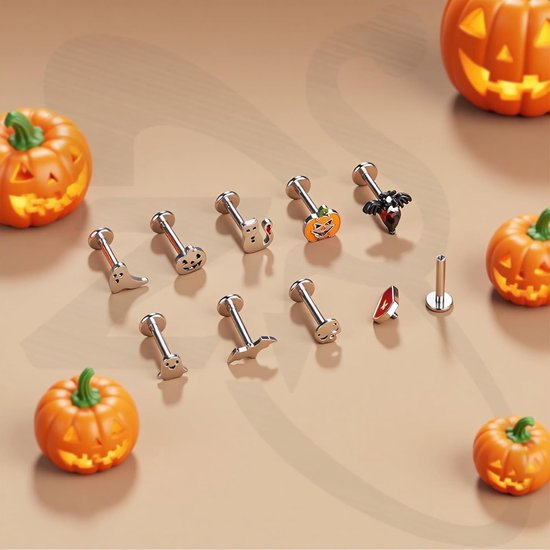 9 stuks 16G staal labret piercing, Halloween geest doodshoofd Medusa Monroe piercing, platte conch tragus oorringen — afbeelding 4