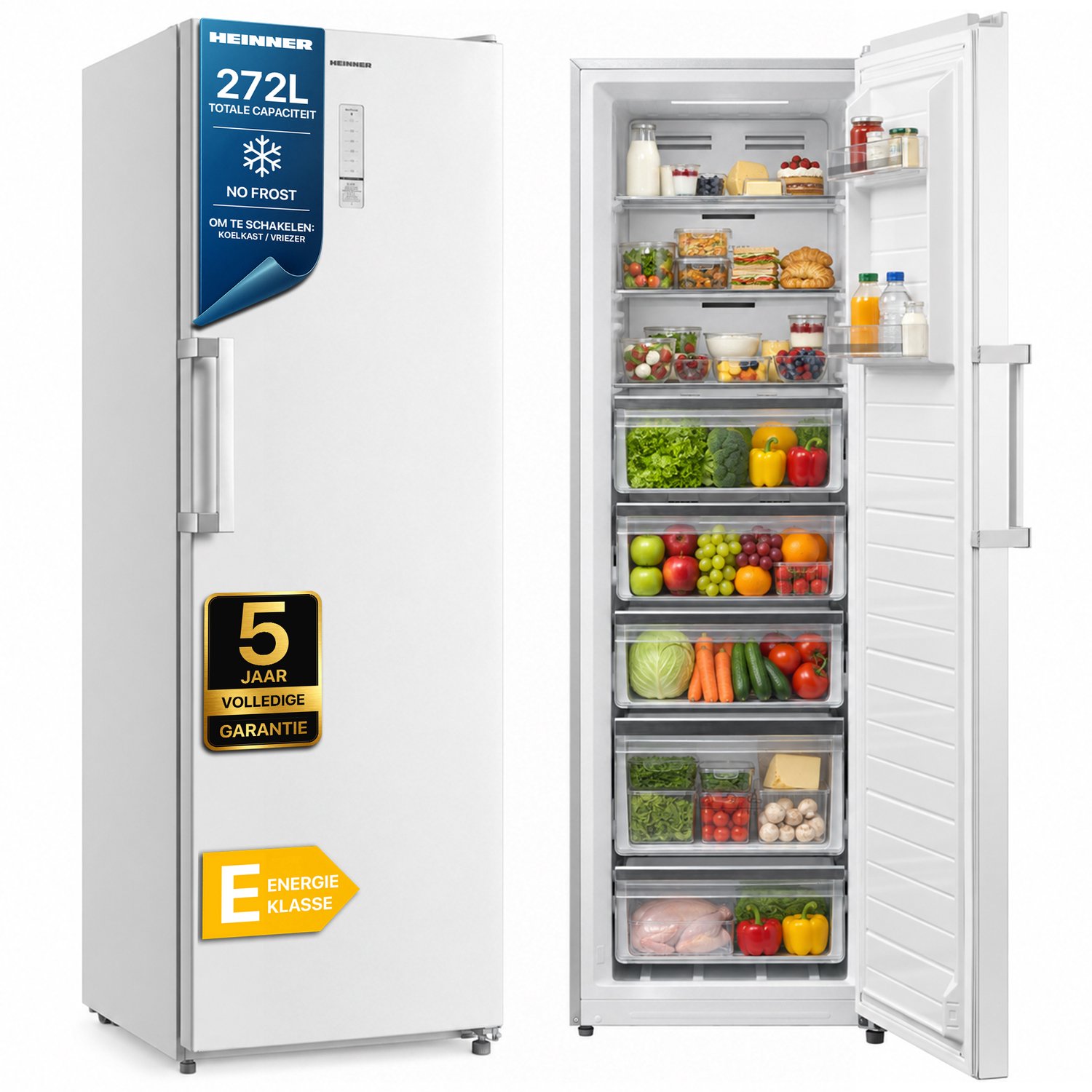 Heinner HFF-M272NFCE++ Vrieskast – 272 L – No Frost – Convertible Koel-/Vriesfunctie – LED Display – Super Cooling & Freezing – Wit – 5 Jaar Garantie