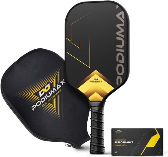 Zwart-geel PodiuMax pickleball-racket met hoes en verpakking, tekst: PodiuMax, Beat the Limitation.