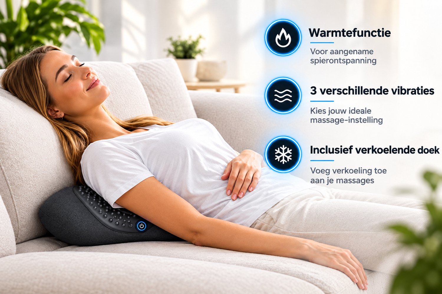 Massage Apparaat Rug – Massagekussen / Rugkussen – Warmtefunctie – 3 Vibratiestanden – Rugstretcher voor Rugpijn – Inclusief Verkoelende Doek thumbnail 2