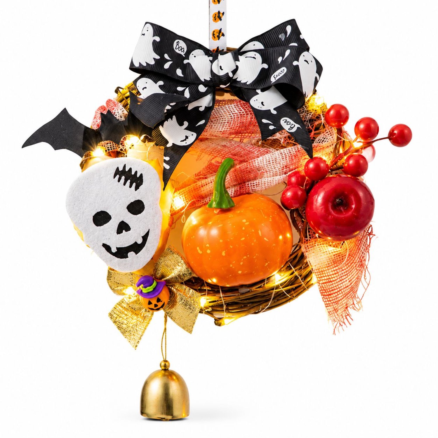 DIY-pakket voor Halloween-krans: set van rotan met schedel, pompoen en vleermuis, inclusief led-lichtsnoer, strik, belletje en rode bessen – handwerkmateriaal voor een herfstkrans ter decoratie van voordeur, muur, raam of Halloween-feest.
