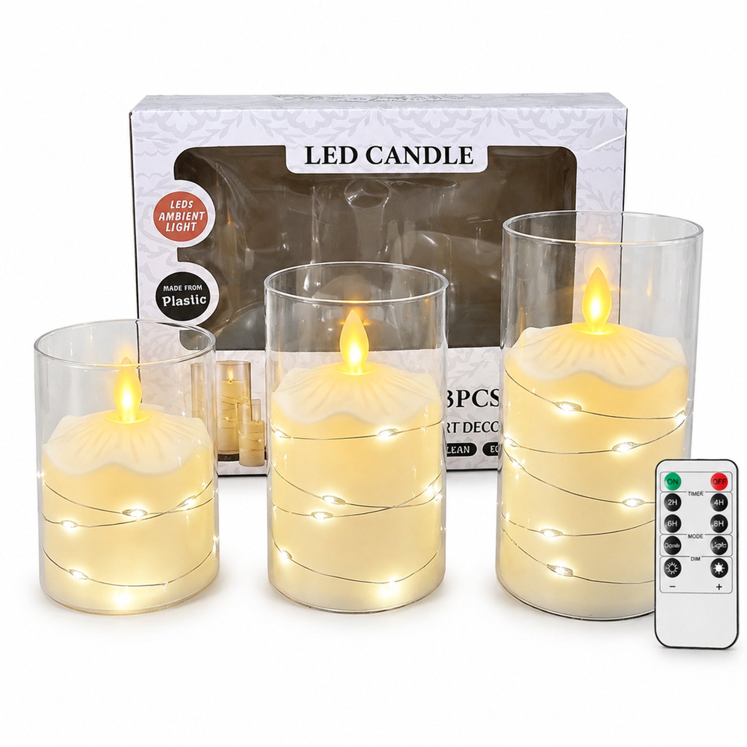 led kaarsen, set van 3 met bewegende vlam, afstandsbediening en decoratieve lichtdraad, transparante kunststof kappen, in doos