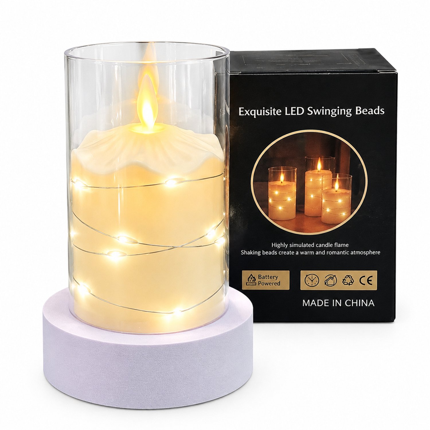 SWGOTA led kaarsen - 1 stuk, 7,5 x 12,5 cm, bewegende vlam, warm licht en decoratieve lichtdraad, zonder batterijen Wit