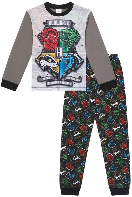 Harry Potter-pyjamaset met Hogwarts-wapenschild op een grijs shirt met lange mouwen en een zwarte broek met print.