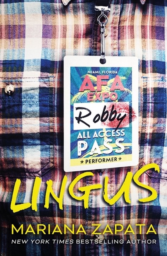 Boekomslag met een geruit overhemd en een AFA Expo 'Performer' backstagepas. Titel 'Lingus' in gele letters onderaan.