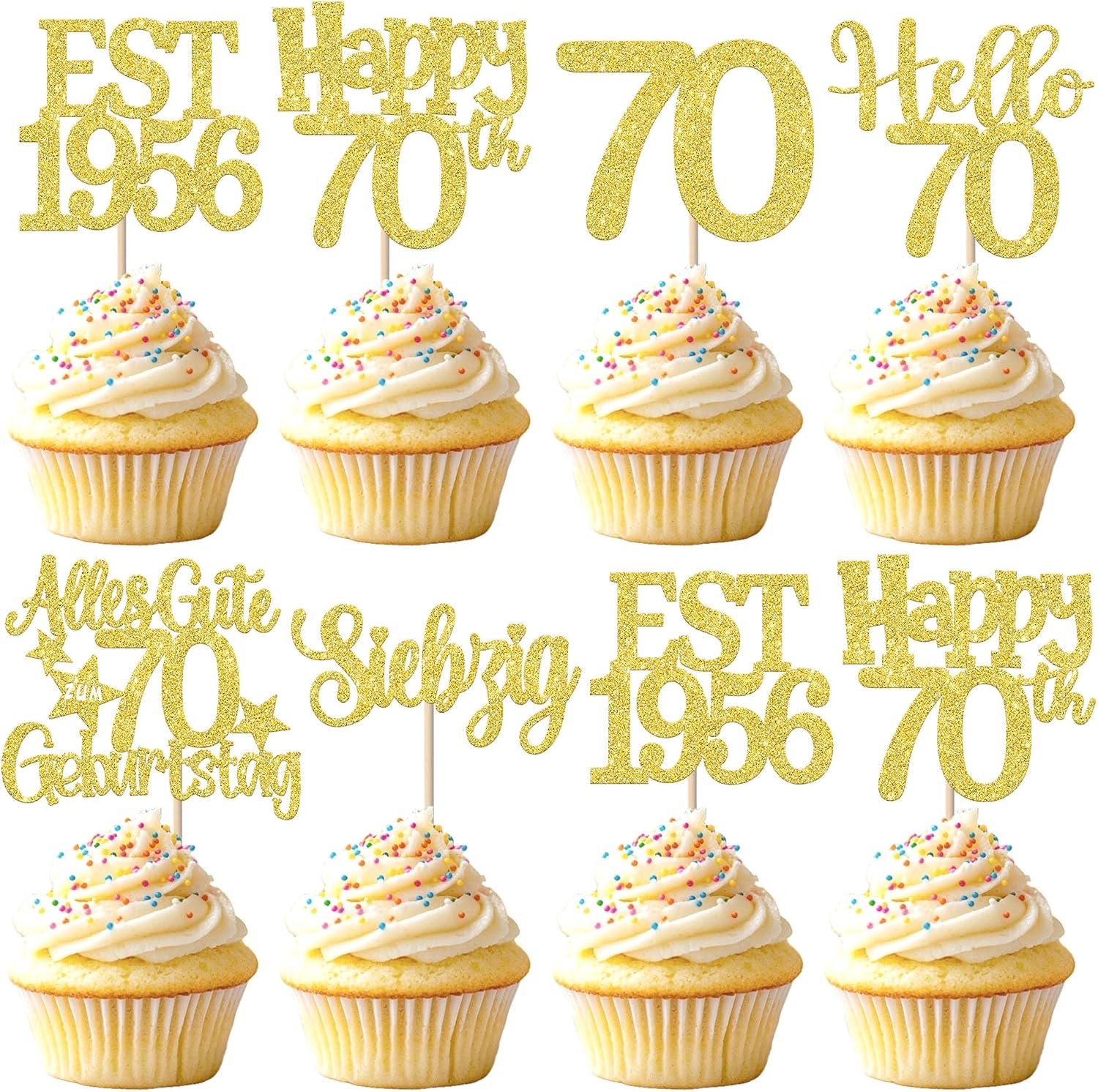 24 Cupcaketoppers 70e verjaardag, glitter, voor taartdecoratie