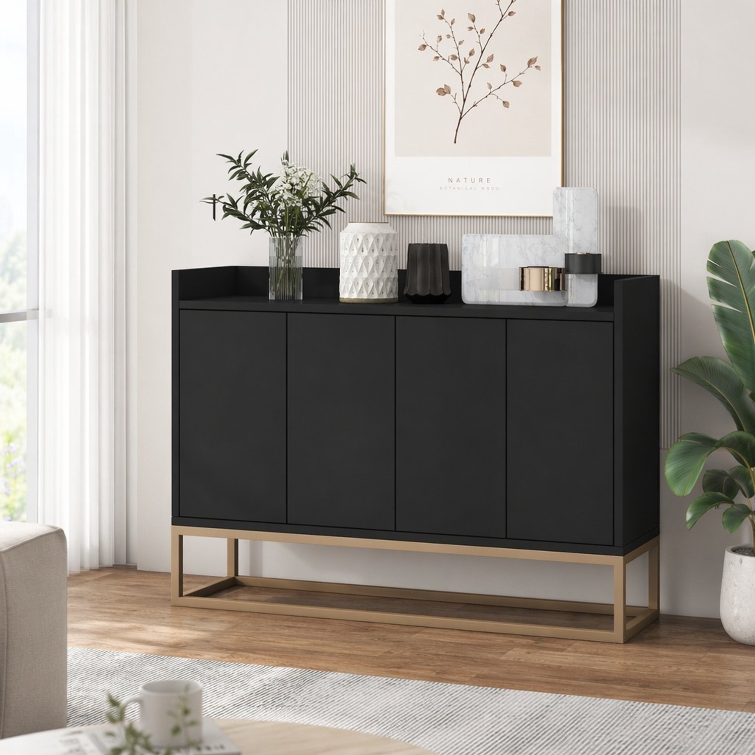 Modern dressoir met 4 deuren, Opbergmeubel met verstelbare planken en metalen poten, Buffetkast voor woonkamer en eetkamer, Zwart hout, 120x30x80 cm