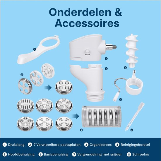 Pasta Opzetstuk voor Mixers van – 7-in-1 Pastamaker met Verwisselbare Vormen voor Fusilli, Rigatoni, Spaghetti, Bucatini, Fettuccine & Macaroni – Eenvoudig te Installeren — afbeelding 2