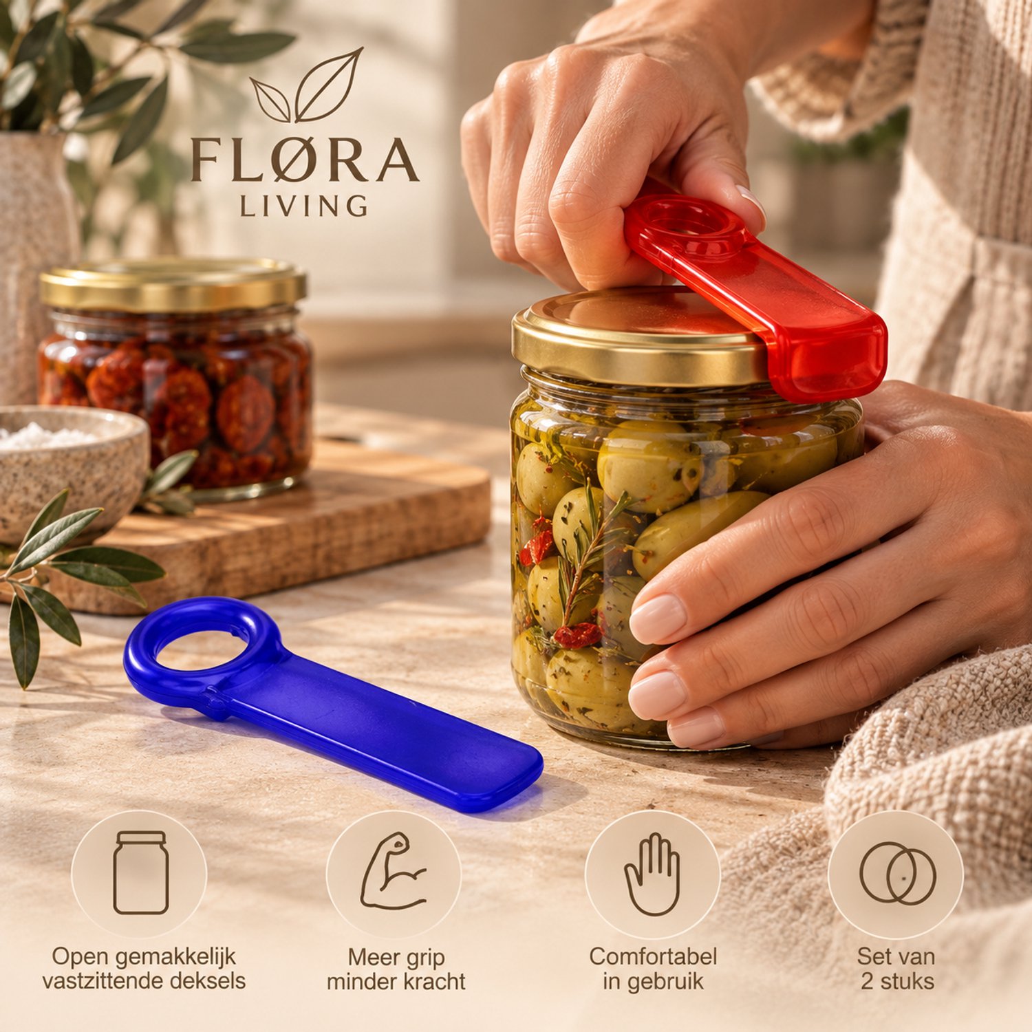 FLØRA Living Blikopener Treklipjes - 2 stuks - Rood en Blauw - Lipjesopener voor Blikjes
