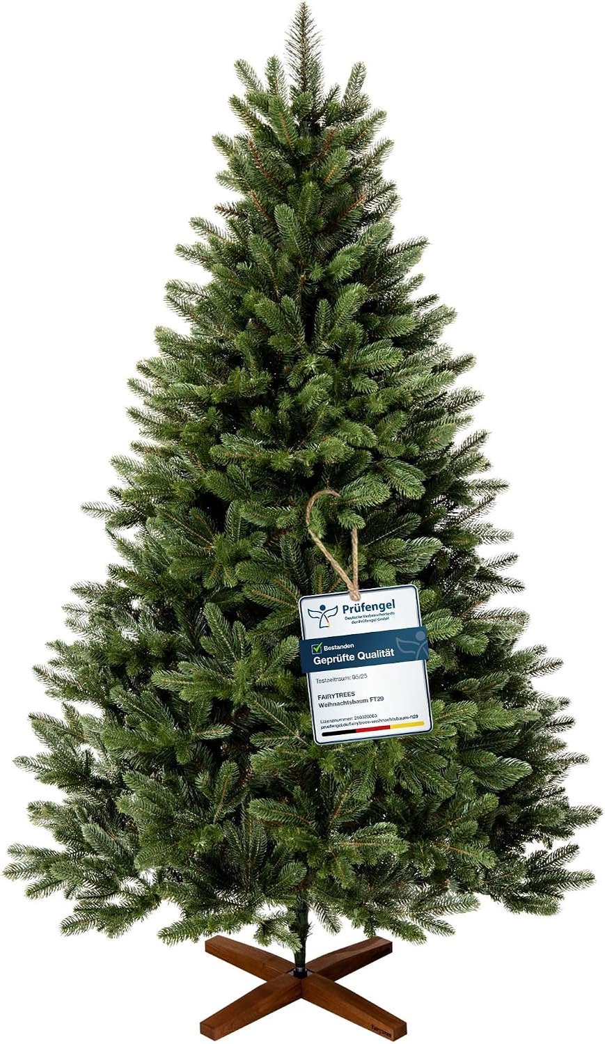 FAIRYTREES Kunstkerstboom 150 cm met PE-takken, Donkergroen, Nordmann-spar Handgemaakt in Europa, Testwinnaar, Kleine en Realistische Kerstboom met Houten Standaard, Model FT29