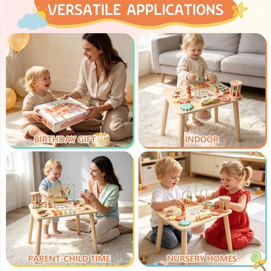 Montessori-speelgoed voor 1-jarigen – Houten activiteitentafel voor peuters van 1-3 jaar, 13-in-1 sensorische speeltafel met kralendoolhof, visspel, vormenstoof & xylofoon, leerzaam speelgoed, cadeau voor de eerste verjaardag van Flintry — afbeelding 4
