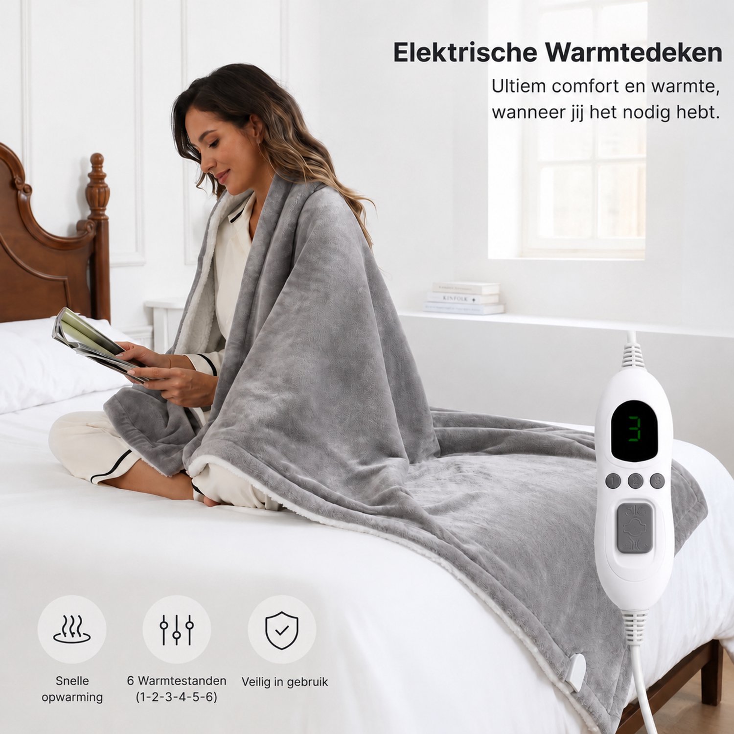 GlowUp AC XXL Elektrische Warmtedeken 180 x 150 - Extra Grote Warmtedeken - Zachte Fleece - 6 Warmtestanden - Wasbaar – foto 6