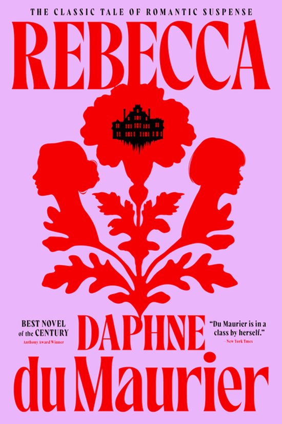 Boekomslag 'Rebecca' van Daphne du Maurier met rode silhouetten van twee vrouwen en een landhuis op een lila achtergrond.
