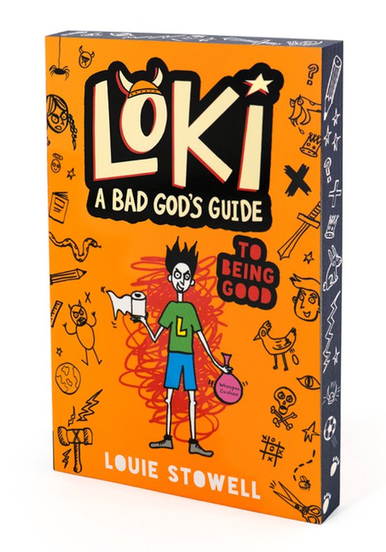 Oranje boek Loki: A Bad God's Guide to Being Good met een illustratie van een jongen met wc-rol en scheetkussen.
