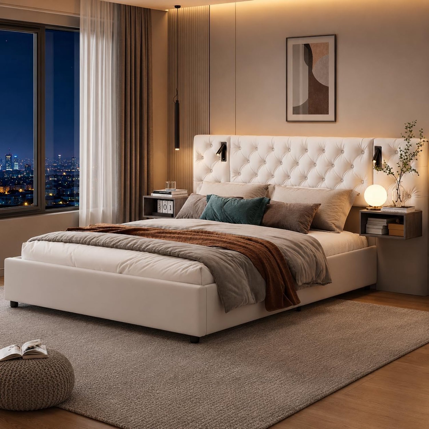ROSAHQNDA Gestoffeerd tweepersoonsbed 160 x 200 cm, opbergbed met hydraulisch mechanisme, inclusief 2 nachtkastjes, led-leeslamp, USB-oplaadpoort en lattenbodem; beige fluweel, zonder matras