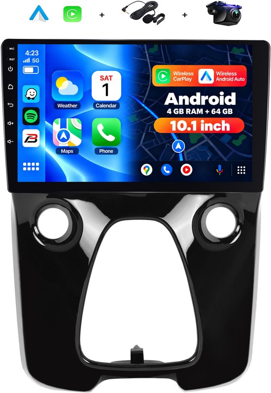 Boscer 2 Din Autoradio - Geschikt voor Toyota Aygo, Citroën C1 & Peugeot 108 (2014-2021) - Draadloos Apple CarPlay & Android Auto - 10.1 Inch HD Touchscreen - 4+64GB - GPS - WiFi, Bluetooth & USB - Achteruitrijcamera & Microfoon
