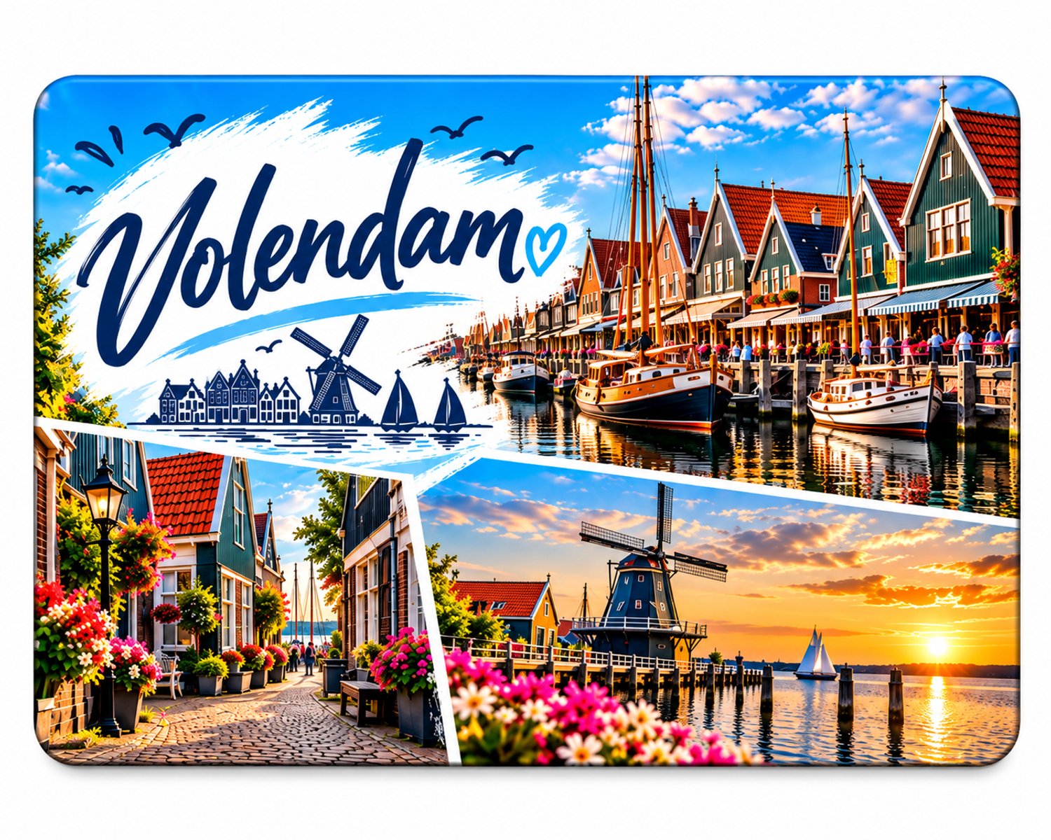 Koelkastmagneet MDF Volendam – Stads collage met haven, boten en molen – Souvenir – 9 x 7 cm