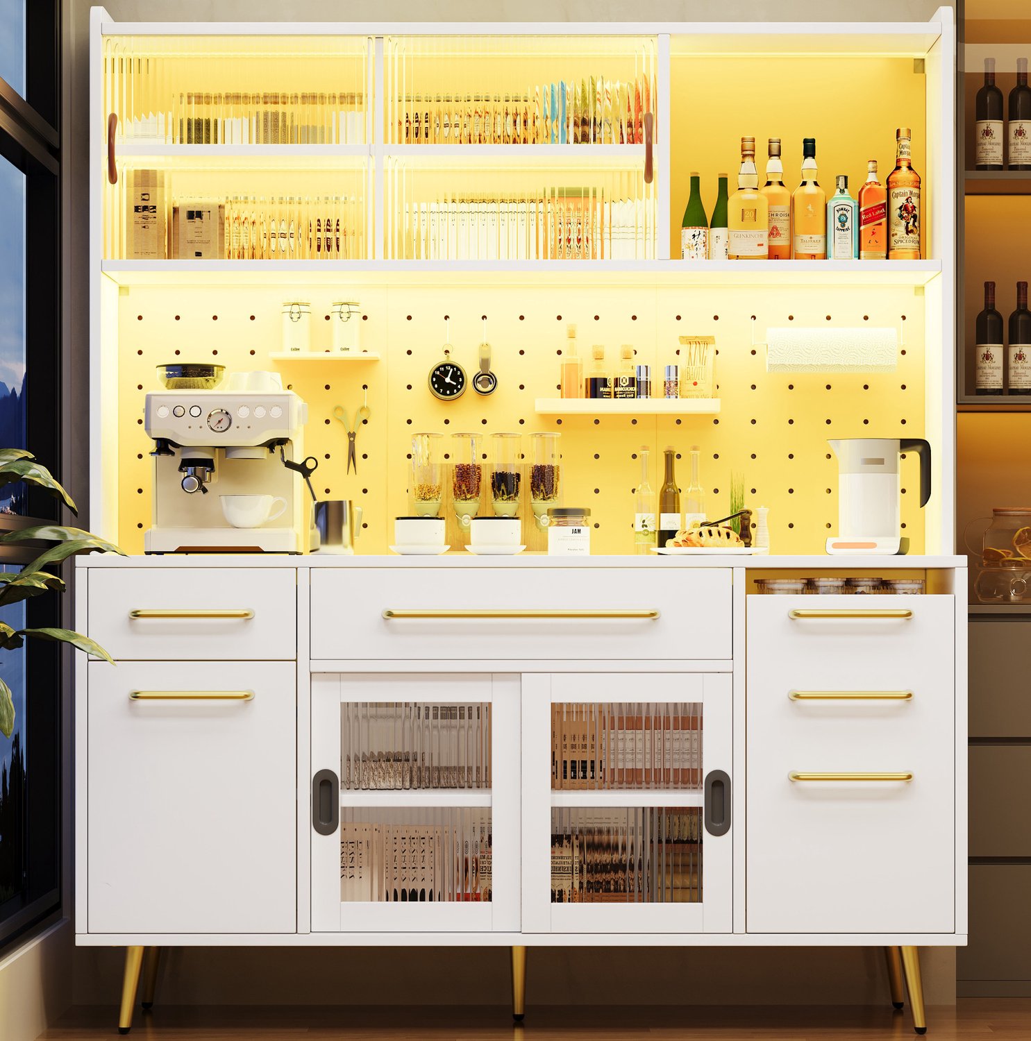 Maisentiel Keukenkast met ledverlichting, pegboard en 2 lades - 145 x 39 x 171 cm - wit