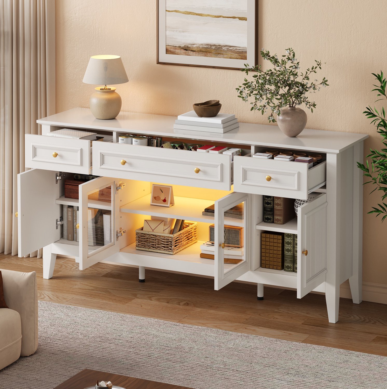 HAUSS SPOLE Dressoir - 3 Lades En 4 Deuren Met Glas En Via App Bedienbare Ledverlichting - Voor Woonkamer En Eetkamer - MDF - Wit - 160x40x78,5 Cm