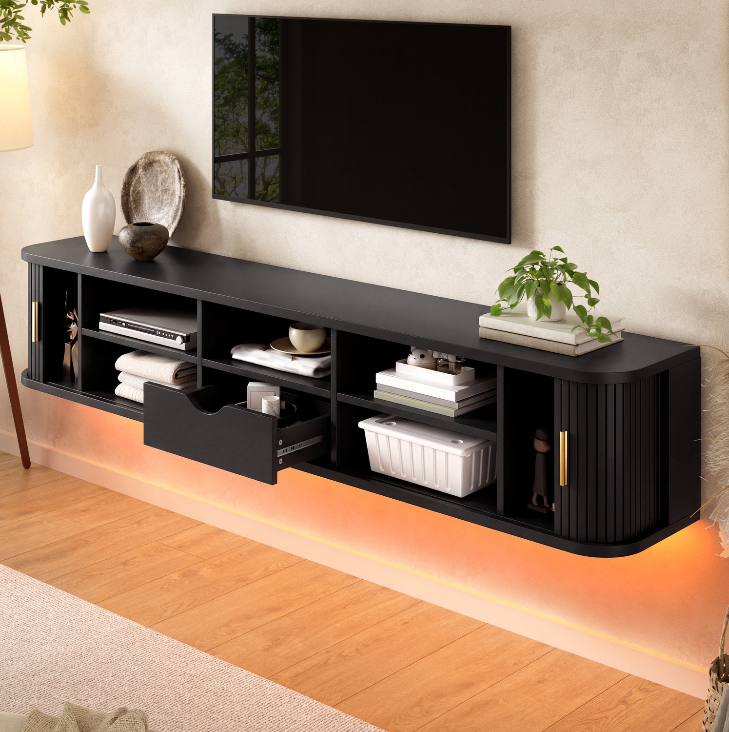 HAUSS SPOLE Zwevend Tv-Meubel - Schuifdeuren Met Lade En Verstelbare Planken - Ledverlichting Voor Woonkamer - Mdf - Zwart - 175x30x30 Cm