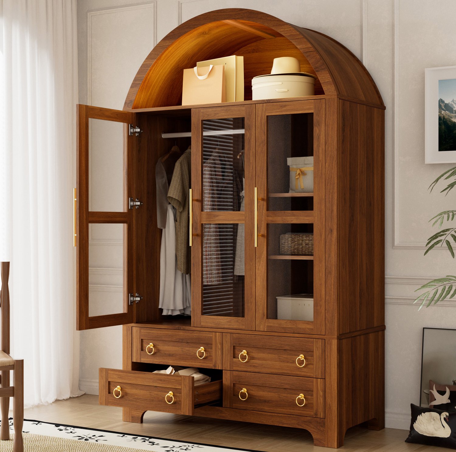 MODENUIT Kledingkast - 3 Glazen Deuren en 4 Lades - Voor Slaapkamer - Spaanplaat en MDF - 110x50x186 Cm Walnootkleur