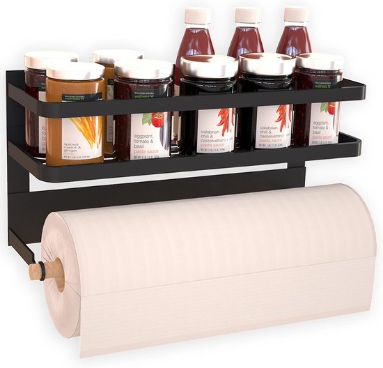 Magnetische papieren handdoekhouder Kruidenrek voor Koelkast, Kruidenopslag Organizer Koelkast Plank Multifunctionele Gemaakt van ijzer, Gebruikt voor keuken, Badkamer, Toilet, Boor vrij (B-zwart)