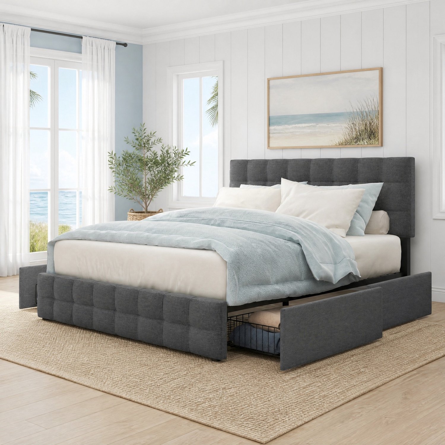 Maisentiel Gestoffeerd bed 140 x 200 cm - Grijs - 4 lades en verstelbaar hoofdbord