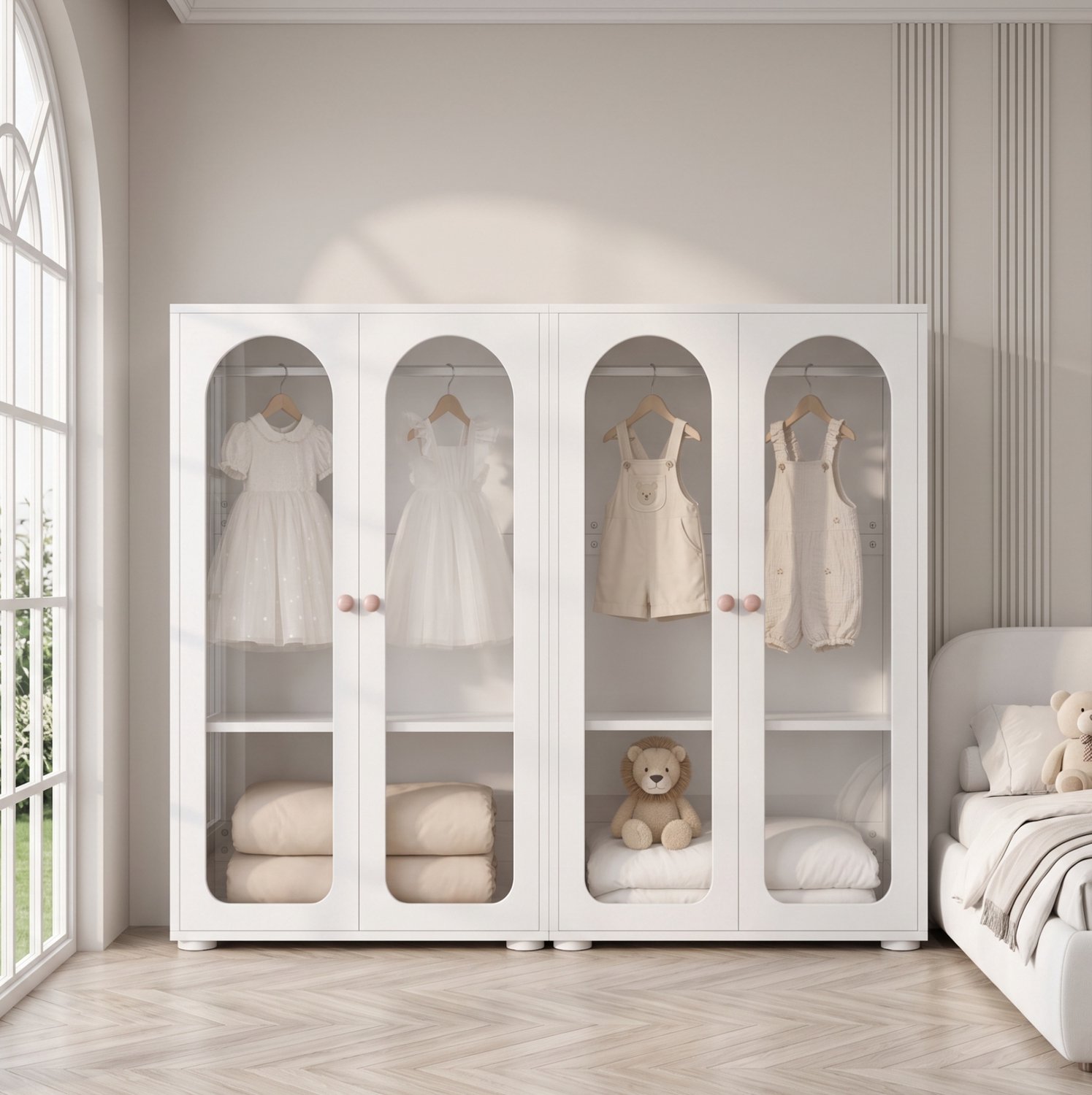 DESMIU Kinderkledingkast - Set van 2 met Verstelbare Planken en Kledingstang - voor de Kinderkamer - MDF en Acryl - Wit - 160x50x120 cm