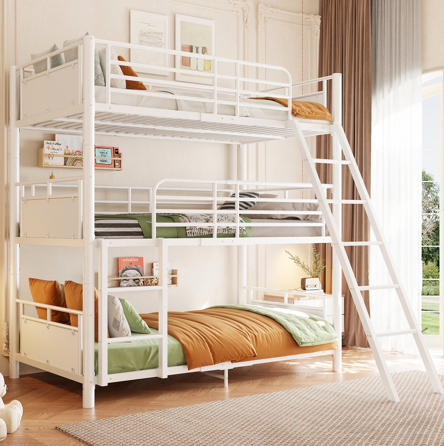 MODFU Driedubbel Stapelbed - Deelbaar - Twee Ladders - Met Uitvalbeveiliging - Metaal En Hout - Wit - 90 X 200 Cm