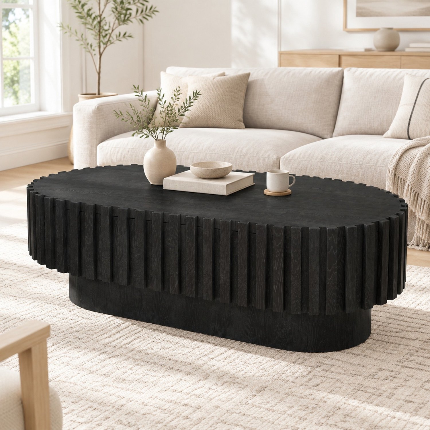 MODENUIT Salontafel - Ovaal Met Lade En Lamellendecoratie - Voor de Woonkamer - MDF Zwart - 100x50x35,5 Cm