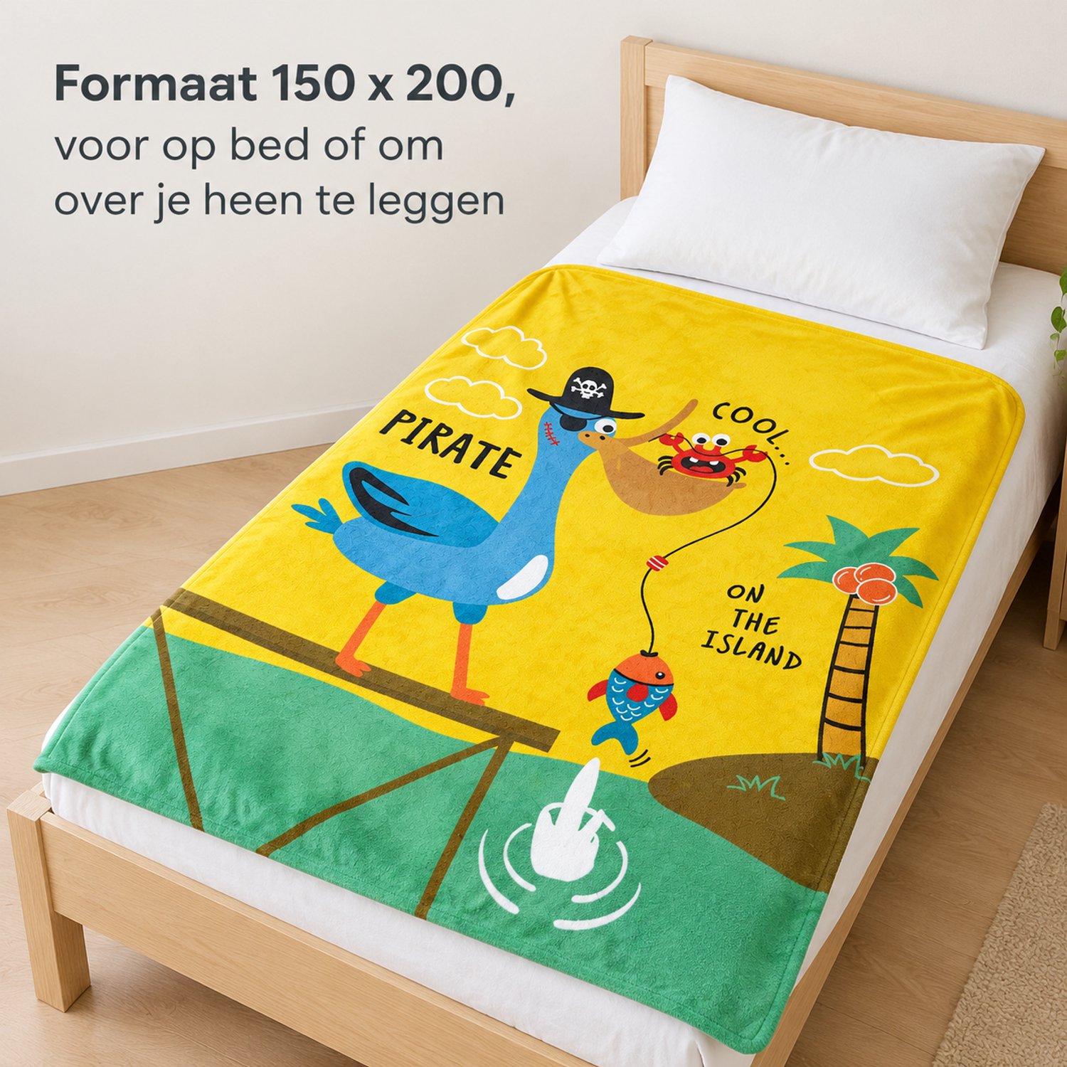 SWGOTA Kinderdeken van polyester flanel met pelikaan en pirateneiland, 150 x 200, 250 gsm geel