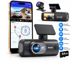 Nexlis Dual Dashcam 4K Ultra HD - Dashcam voor Auto - Voor en Achter - GPS - 4K & 1080P - Nachtzicht - Parkeerstand - Wifi & App - Loop Recording - G-Sensor - Incl. 64GB SD-Kaart