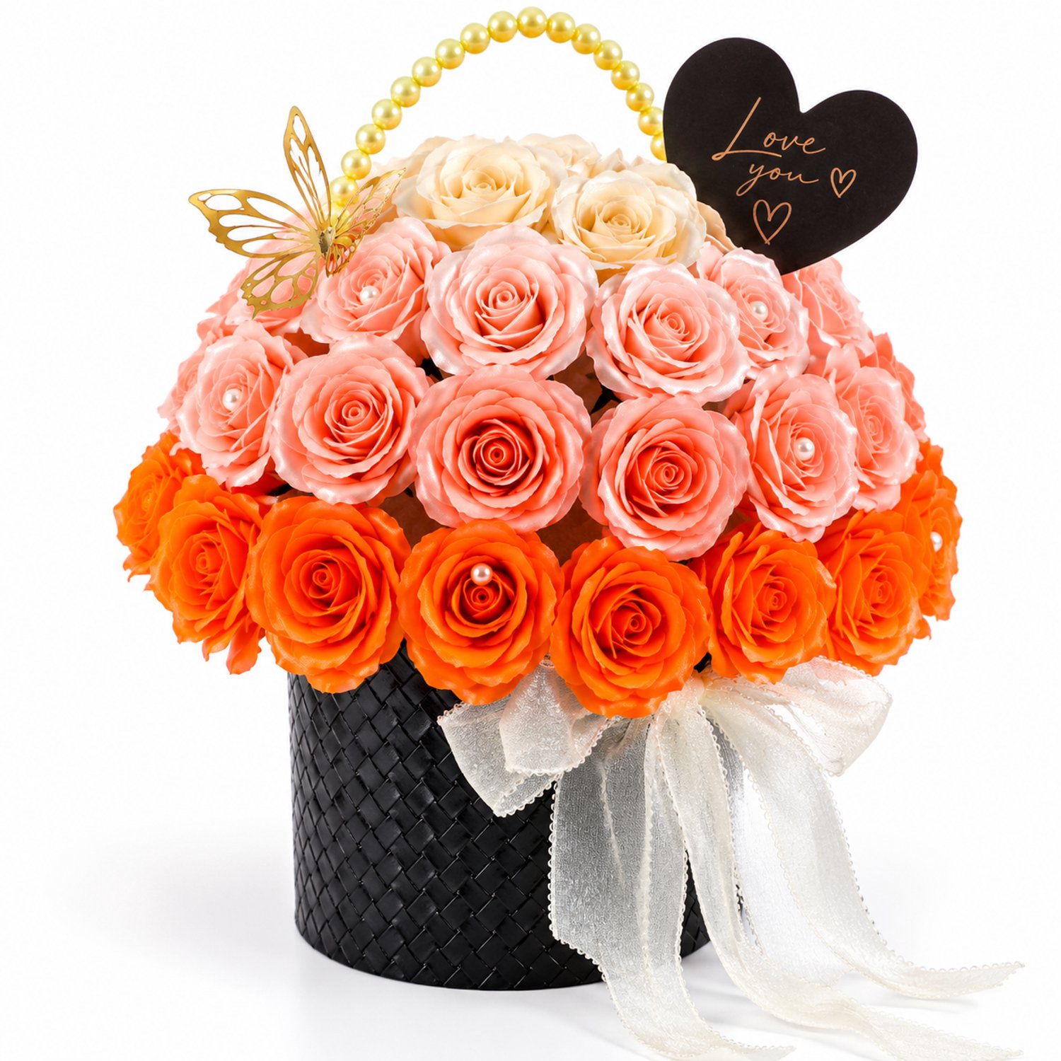 La Roselle Amsterdam Luxe Rozenboeket in Zwarte Bloemenbox – Ombre Roze en Oranje Kunstrozen met Parels en Strik – Uniek Cadeau voor Verjaardag, Valentijn en Moederdag | La Roselle Amsterdam