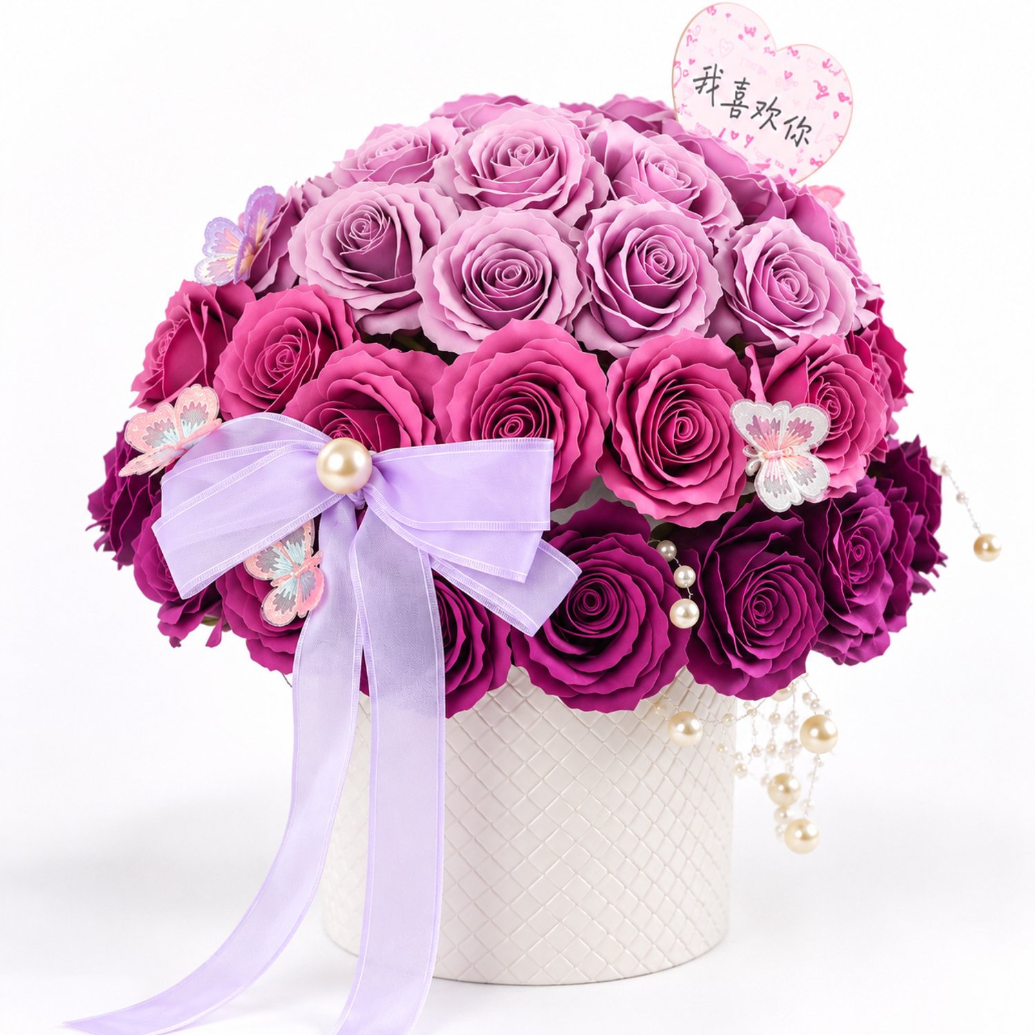 La Roselle Amsterdam Luxe Kunstrozen in Witte Bloemenpot – Paars Roze Rozenarrangement met Lila Strik en Pareldecoratie – Cadeau voor Verjaardag, Moederdag, Valentijn en Jubileum | La Roselle Amsterdam