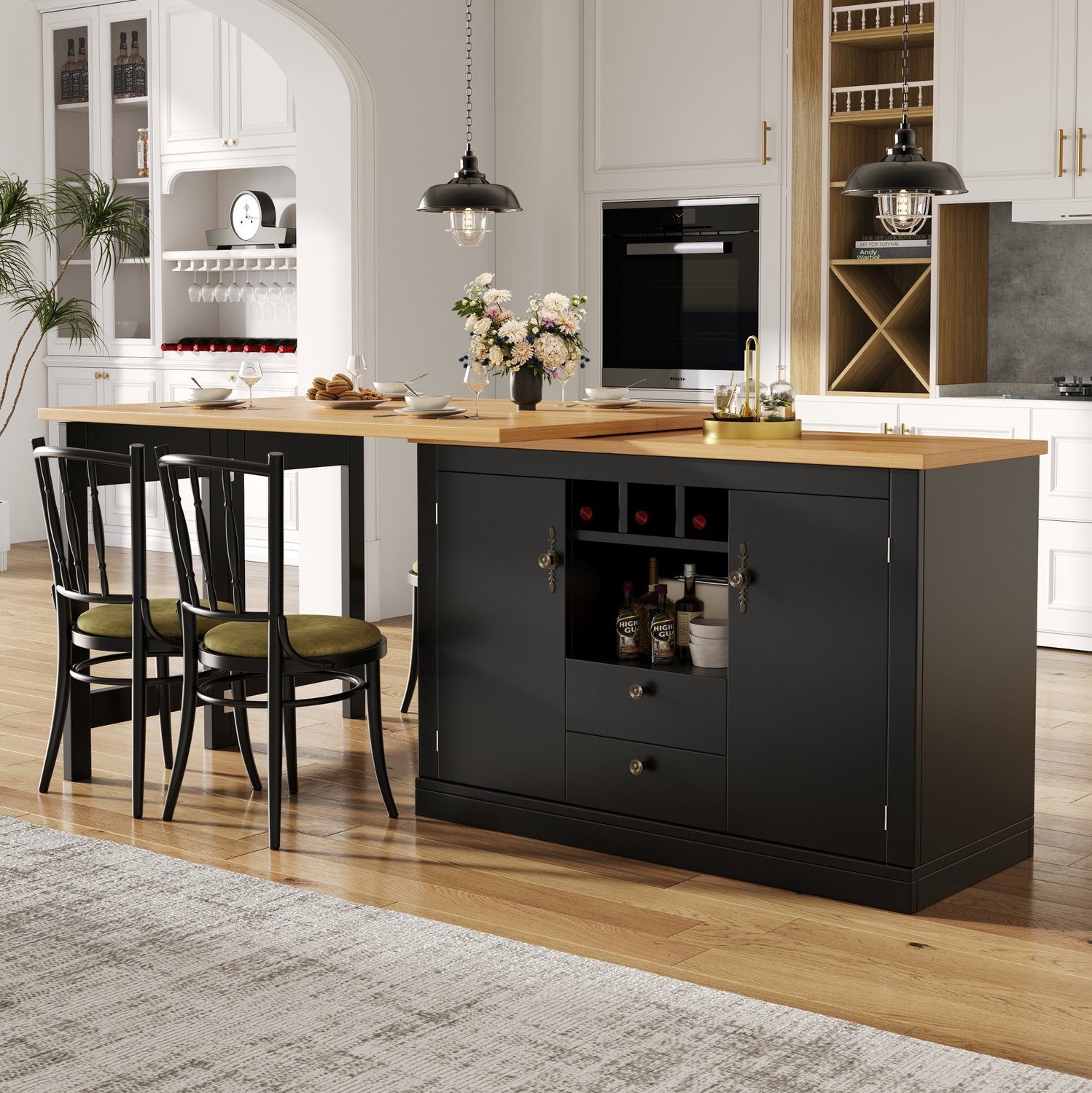 Maisentiel Uitschuifbare bartafel met opbergruimte – 120-180 x 40 x 76 cm – zwart/naturel
