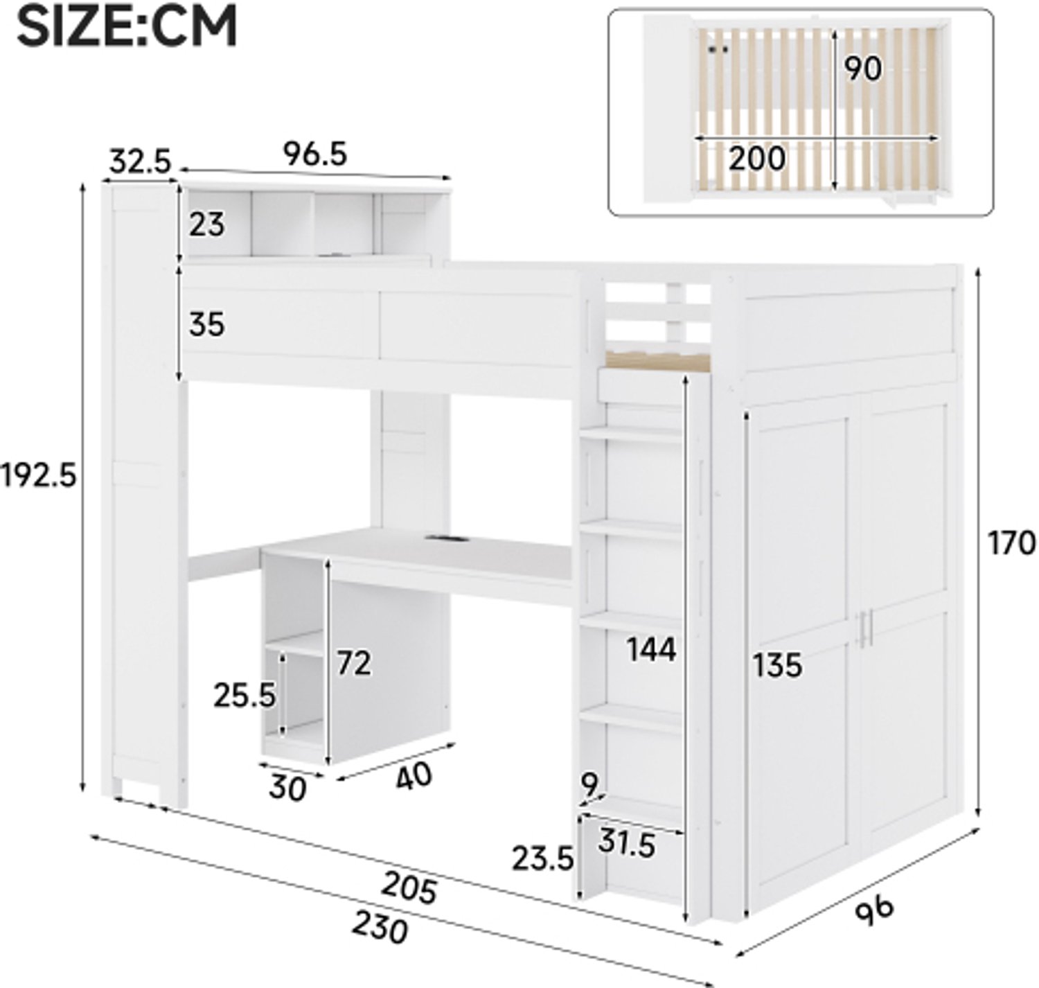 Zubaliya Kinderbed, Eenpersoonsbed, 90x200 Hoogslaper met bureau, opbergvakken, kledingkast, USB-aansluiting en LED-verlichting, wit.