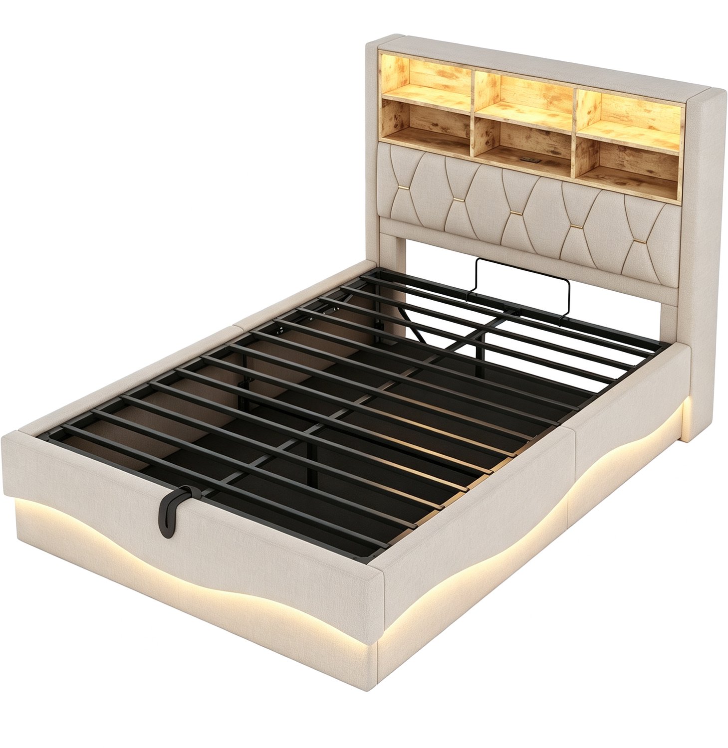 MUVANO Gestoffeerd bed 140x200 cm met hydraulische opbergruimte, LED-verlichting via app, USB-aansluiting, metalen lattenbodem en beige linnen bekleding