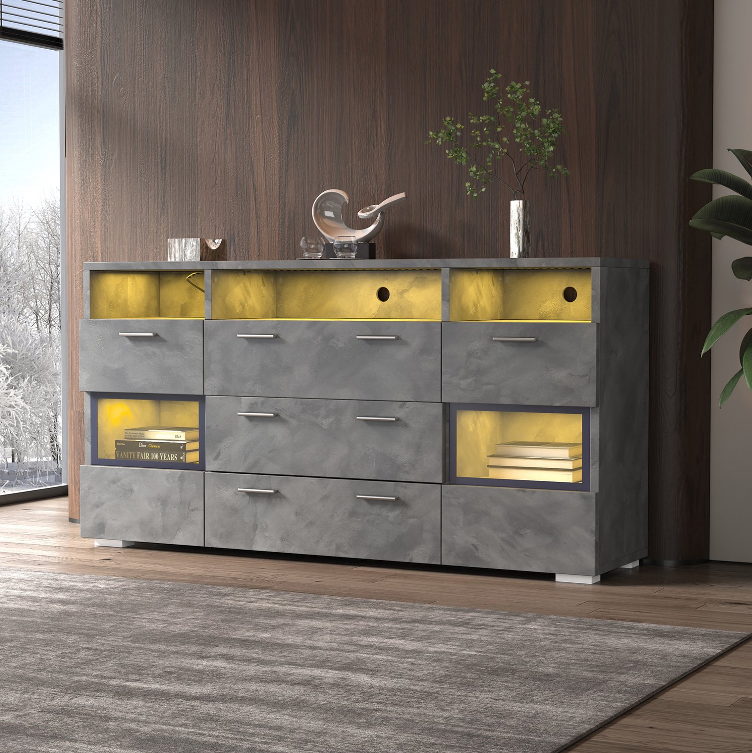 Maisentiel Grijs dressoir 140 cm met ledverlichting, 2 deuren, 3 lades en open vakken