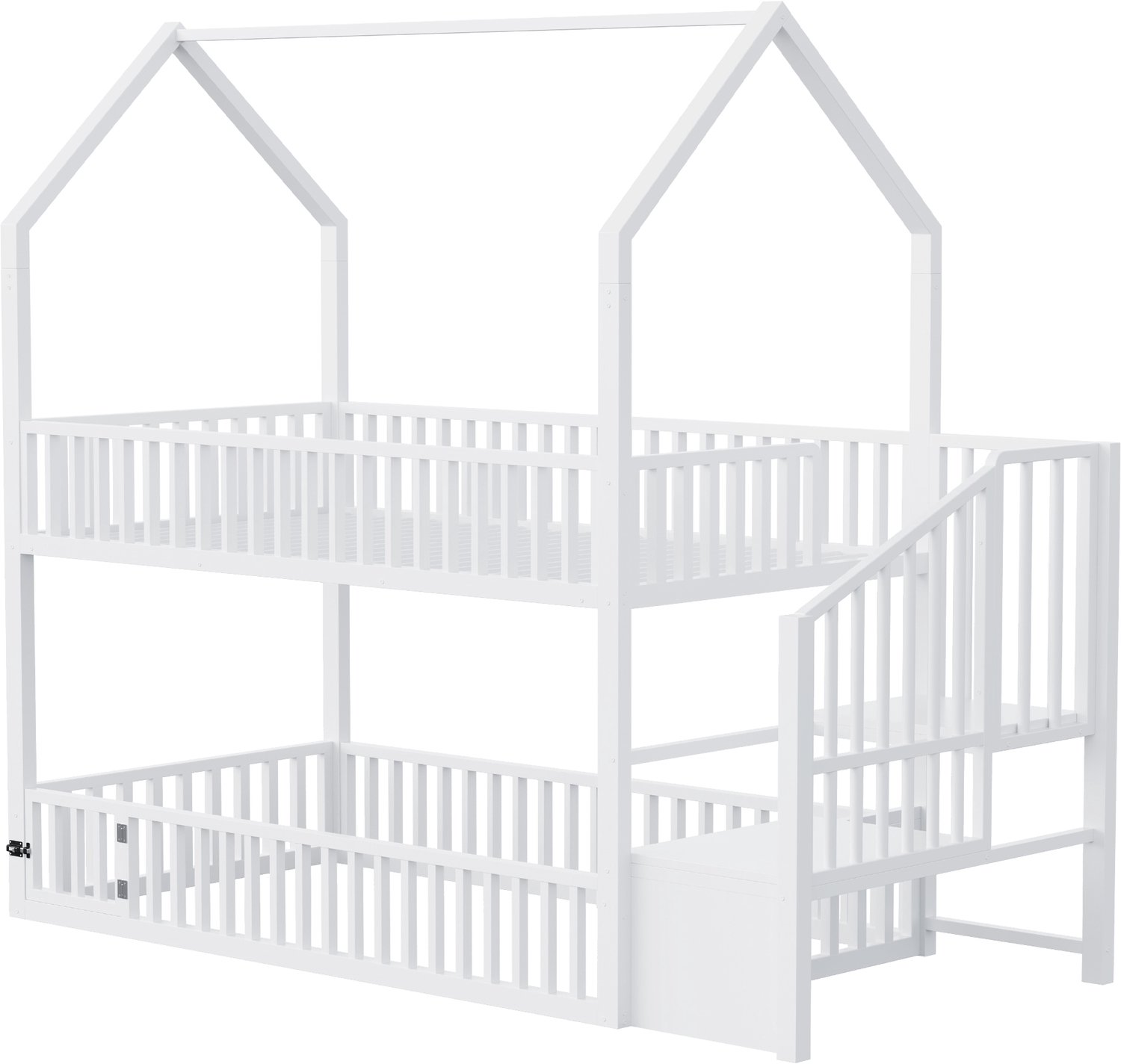 MUVANO Wit metalen stapelbed 90x200 - Kinderbed in huisvorm - Met trap, opbergruimte en deurtje - Lattenbodem boven en uitvalbeveiliging rondom