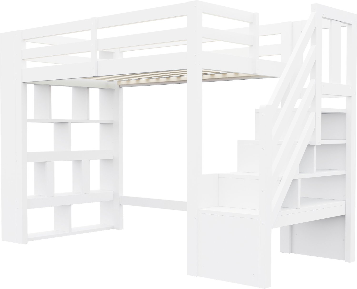 MUVANO Houten hoogslaper 90 x 200 cm - Met opbergladder, open opbergvakken en ledverlichting - Lattenbodem en veiligheidshekken - Voor kinderkamer - Wit
