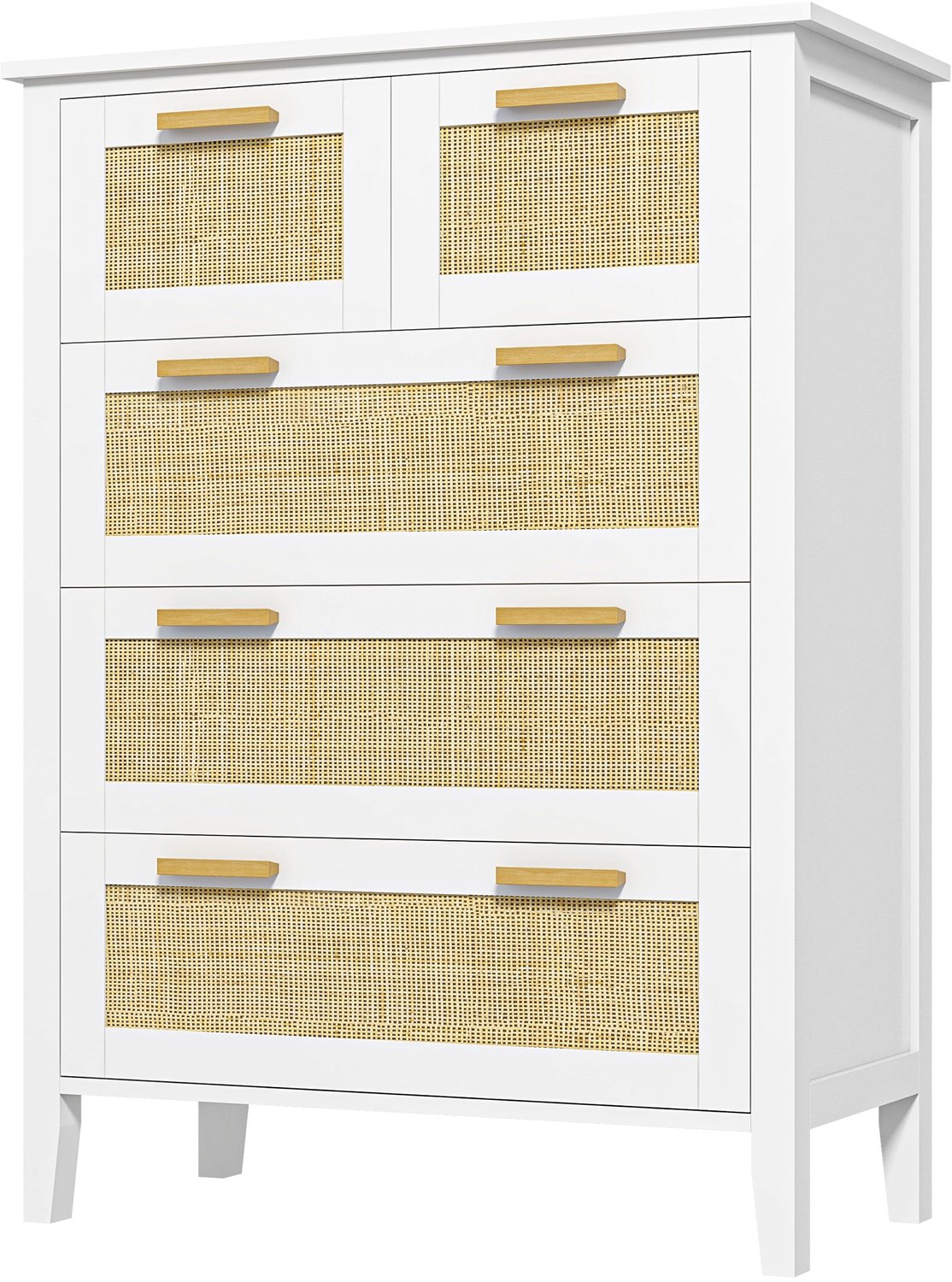 Lunpog Commode met 5 laden, opbergkast met massief houten handgrepen en metalen geleiders, voor kantoor, woonkamer, slaapkamer, 77 x 37 x 104 cm, wit Blanc