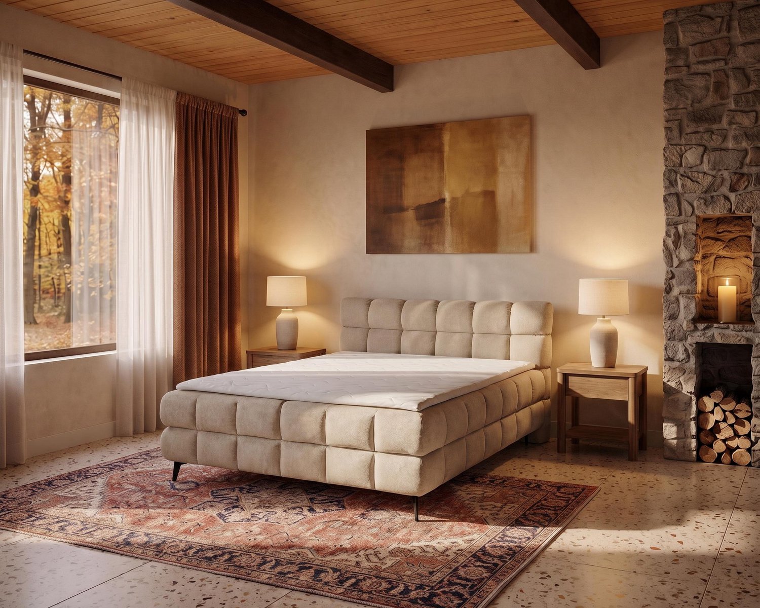 Homesy MERANO boxspring 180 x 200 cm, Crème, met topper en opbergruimte