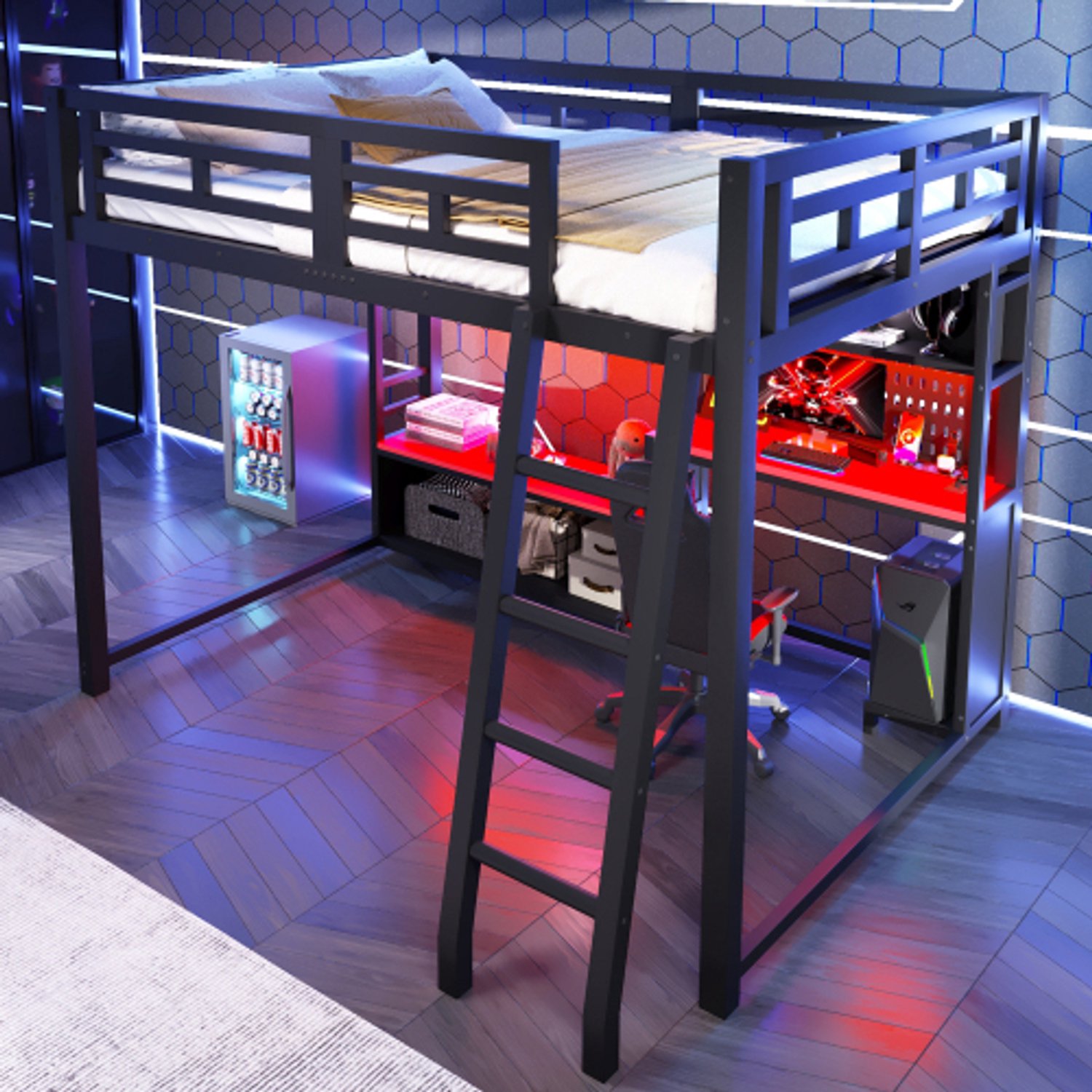 Zubaliya Kinderbed, Tweepersoonsbed, 140x200 Metalen stapelbed met bureau in gaming-stijl, LED-verlichting en opbergrekken, Zwart+Rood