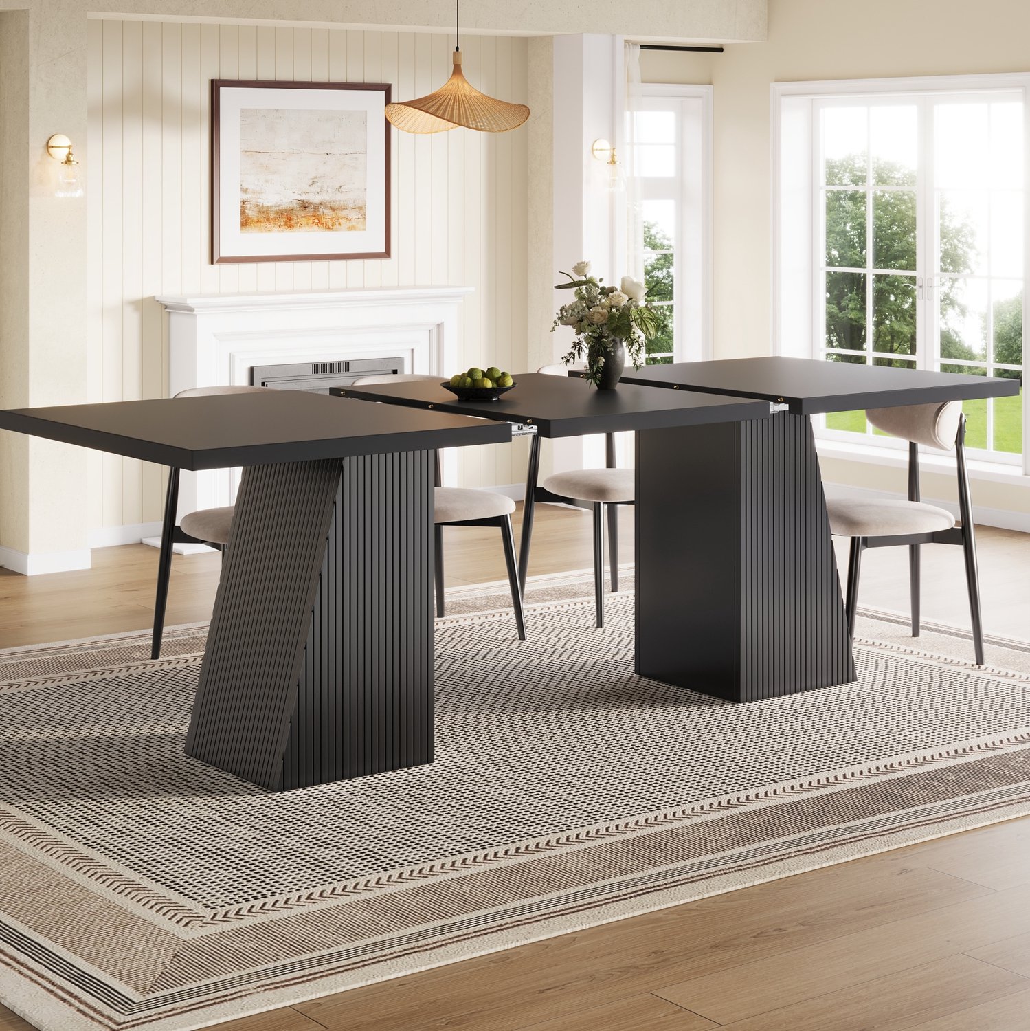 HAUSS SPOLE Eettafel - Uitschuifbaar Met Geribbelde Trapeziumpoten - Voor 4 Tot 6 Personen In Eetkamer - MDF En Metaal - 120-160 x 80 x 76 cm - Zwart